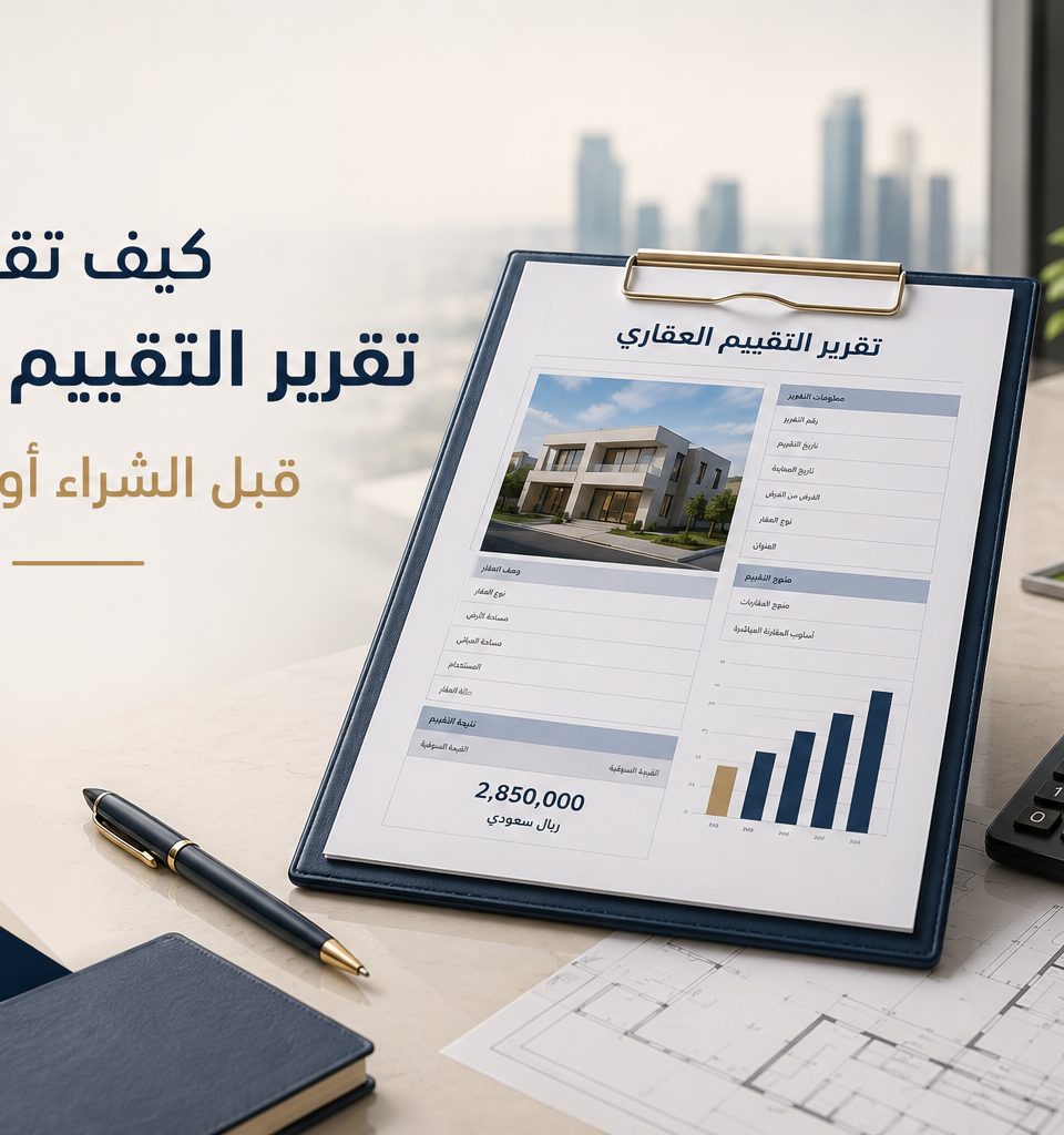 تقرير تقييم عقاري مفتوح على مكتب عمل مع آلة حاسبة ومخطط عقاري