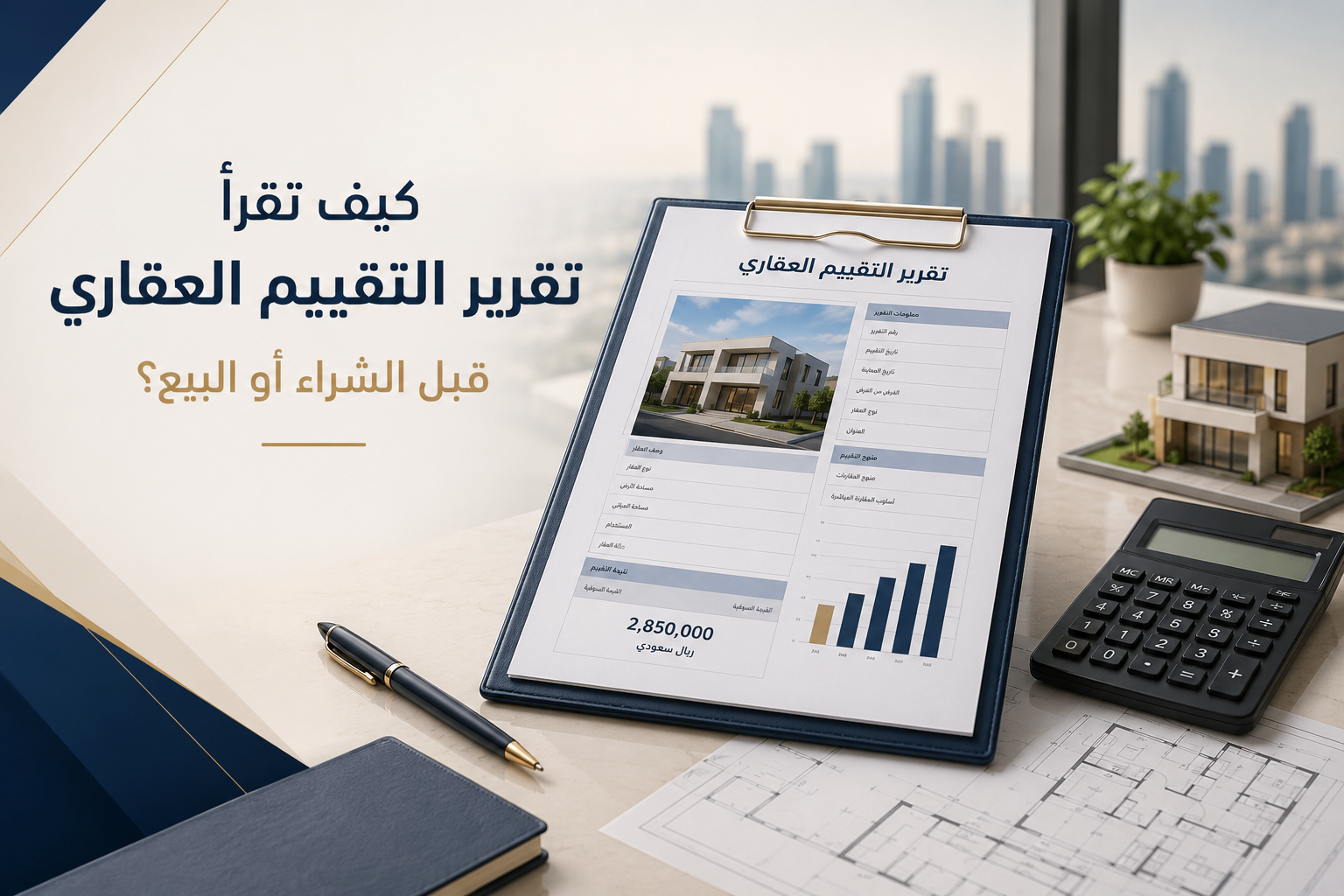 تقرير تقييم عقاري مفتوح على مكتب عمل مع آلة حاسبة ومخطط عقاري
