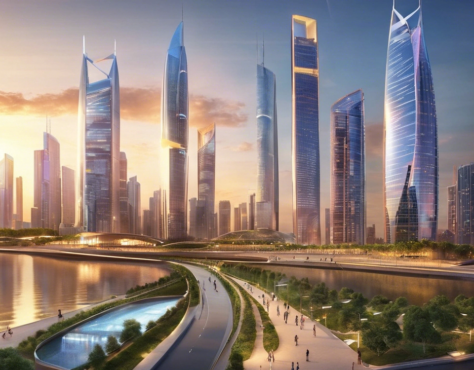 مدينة مستقبلية ذكية بتصاميم معمارية حديثة تعكس مشاريع المدن المستقبلية والاستثمار العقاري في السعودية
