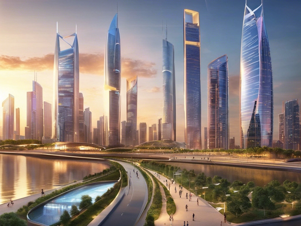 مدينة مستقبلية ذكية بتصاميم معمارية حديثة تعكس مشاريع المدن المستقبلية والاستثمار العقاري في السعودية
