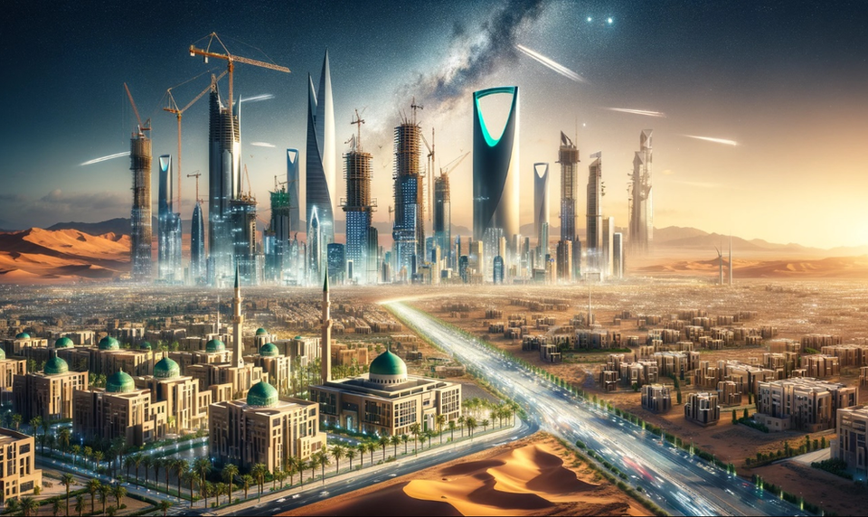 مخطط لمدينة سعودية حديثة مع أبراج ومشاريع تطويرية تعكس رؤية 2030